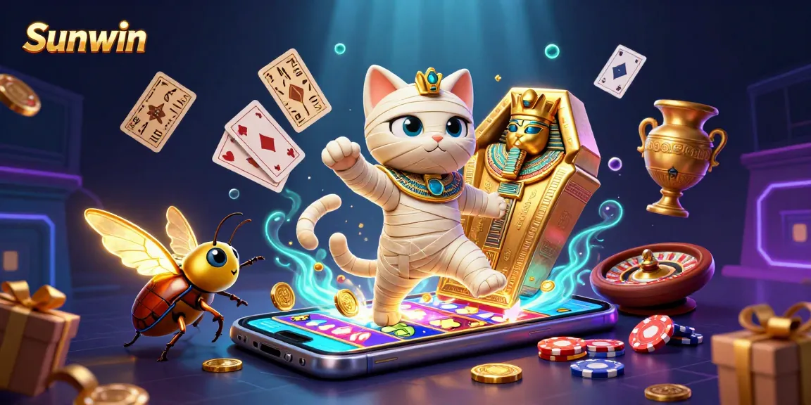 Win big with Sunwin: Egyptian mummy cat and scarab beetle celebrate gaming excitement.