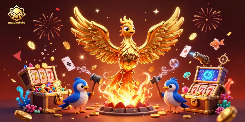 Experience the thrill of slots at malukutoto with a golden phoenix and casino treasures in a magical scene.