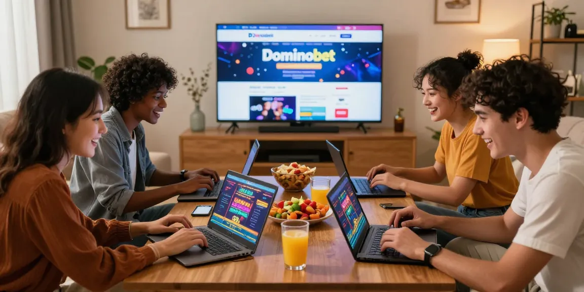 Engaging group enjoying online games with Link Login Dominobet on their devices in a cozy living room.