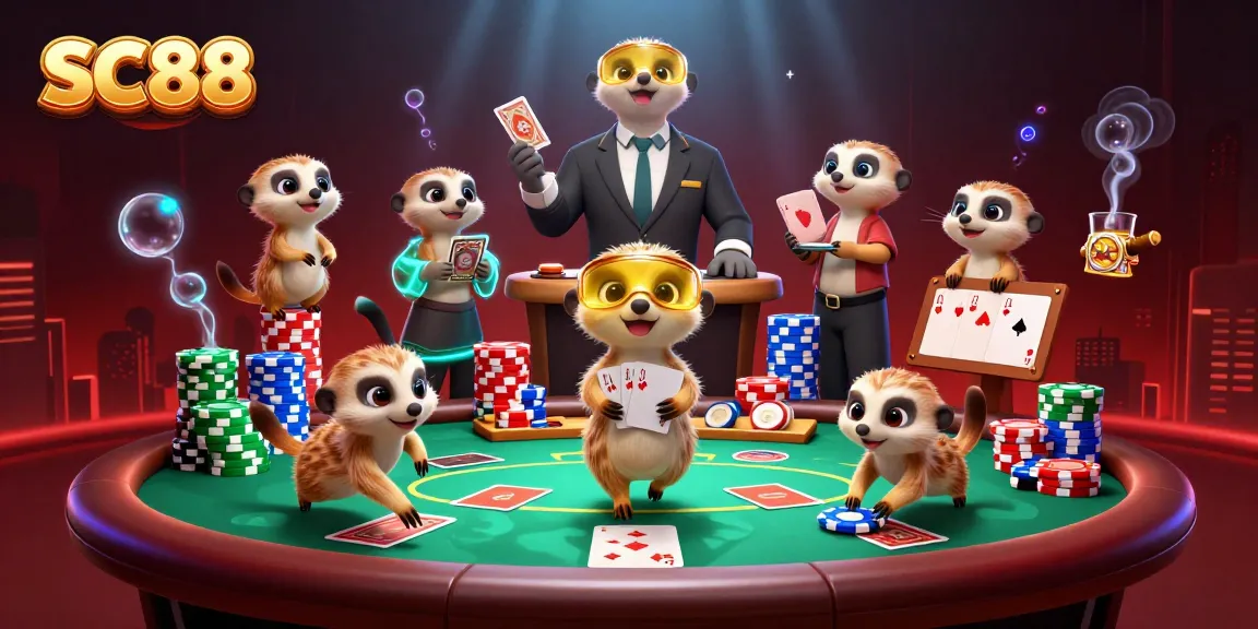 Experience thrilling casino action at SC88 with animated meerkats managing a dynamic poker game.
