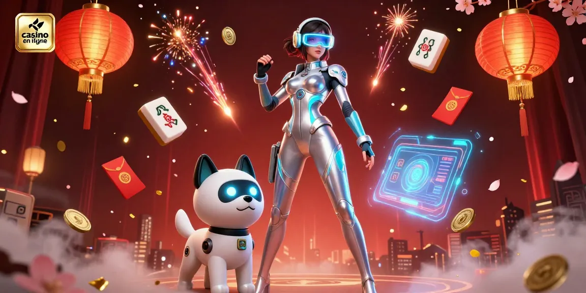 Vivez des actions palpitantes au casino en ligne avec une femme en 3D époustouflante et un compagnon robot parmi des éléments de jeu vibrants.