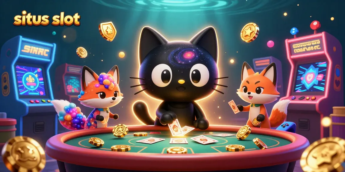 Situs slot dengan karakter kucing hitam 3D menarik chip emas di meja kasino kosmik
