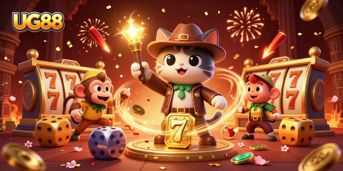 Experience the thrill at UG88 with a 3D illustration of a cat archaeologist uncovering casino treasures.