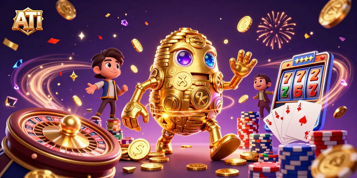 Engage with ATI's interactive casino scene featuring an animated golden golem and slot machine symbols.