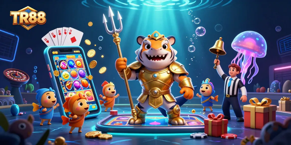 Experience TR88 in a vibrant underwater casino scene with a tiger shark championing gaming action.