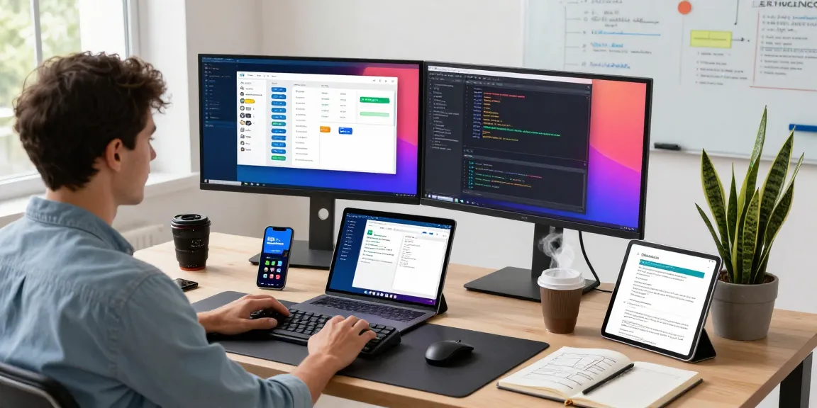快连 application design in a productive software development workspace with dual monitors and coding screens.