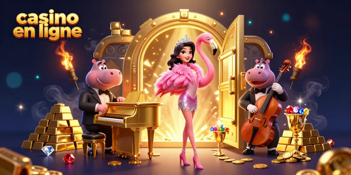 Rejoignez le plaisir au casino en ligne avec une illustration 3D dynamique d'un chanteur flamant rose et d'un bassiste hippopotame.