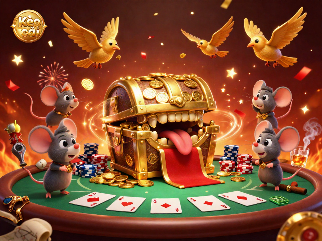Engage with Kèo nhà cái through a vibrant illustration of casino treasures and adventure.