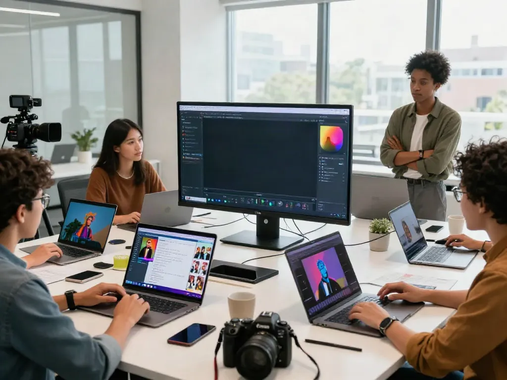Team collaborating on AI-powered visuals, addressing Typeshutter problem in dynamic workspace.