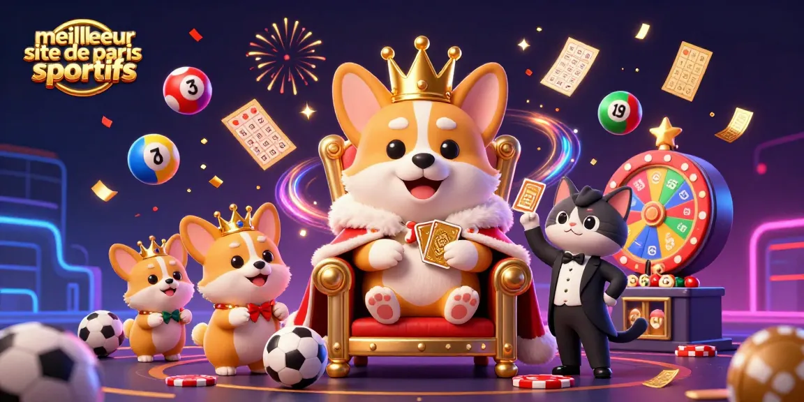 Illustration dynamique représentant le meilleur site de paris sportifs avec un corgi royal sur un trône de jetons et des éléments de paris sportifs.