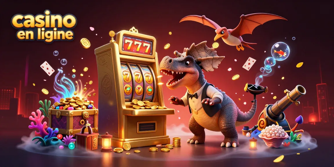 Illustration de casino en ligne avec un pachycéphalosaure frappant une machine à sous dorée pour gagner des pièces de jackpot.