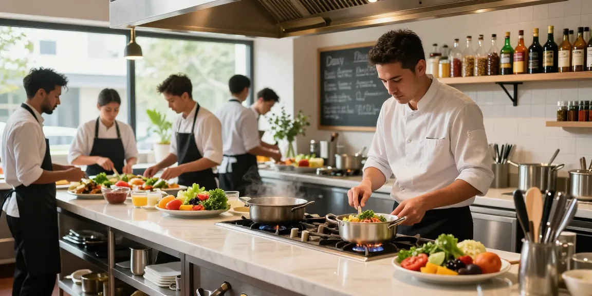Professional restaurant manager job description guide in a busy kitchen with chefs preparing dishes and fresh ingredients.