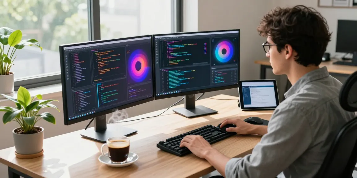Developer coding with ChatGPT alternatives displayed on monitors in a bright tech workspace