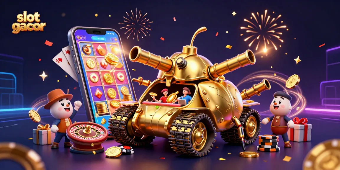 Engaging slot gacor scene showcasing a golden beetle tank revealing a mini casino and vibrant gaming elements.