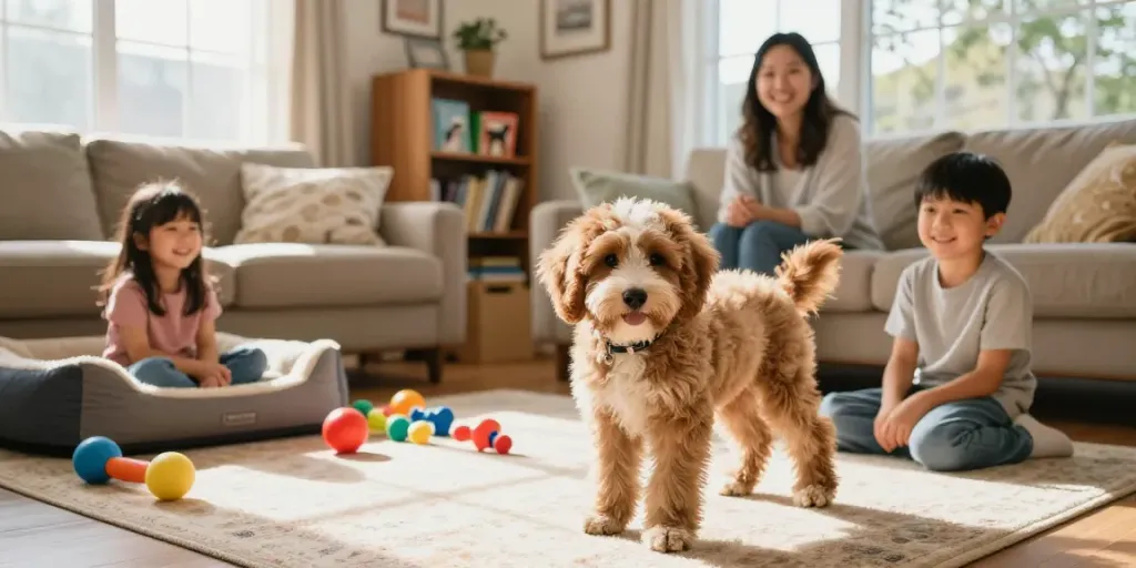 Mini Aussie Labradoodles as family dogs playing with children in a cozy living room