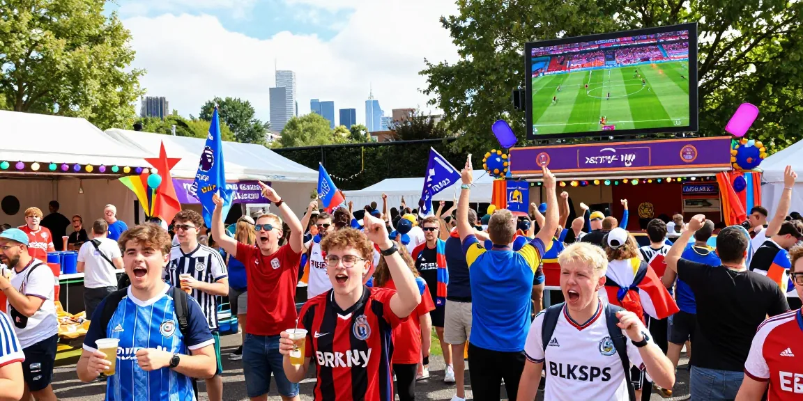 Excited fans at a bk8th Premier League match celebration, vibrant atmosphere with jerseys and cheering.