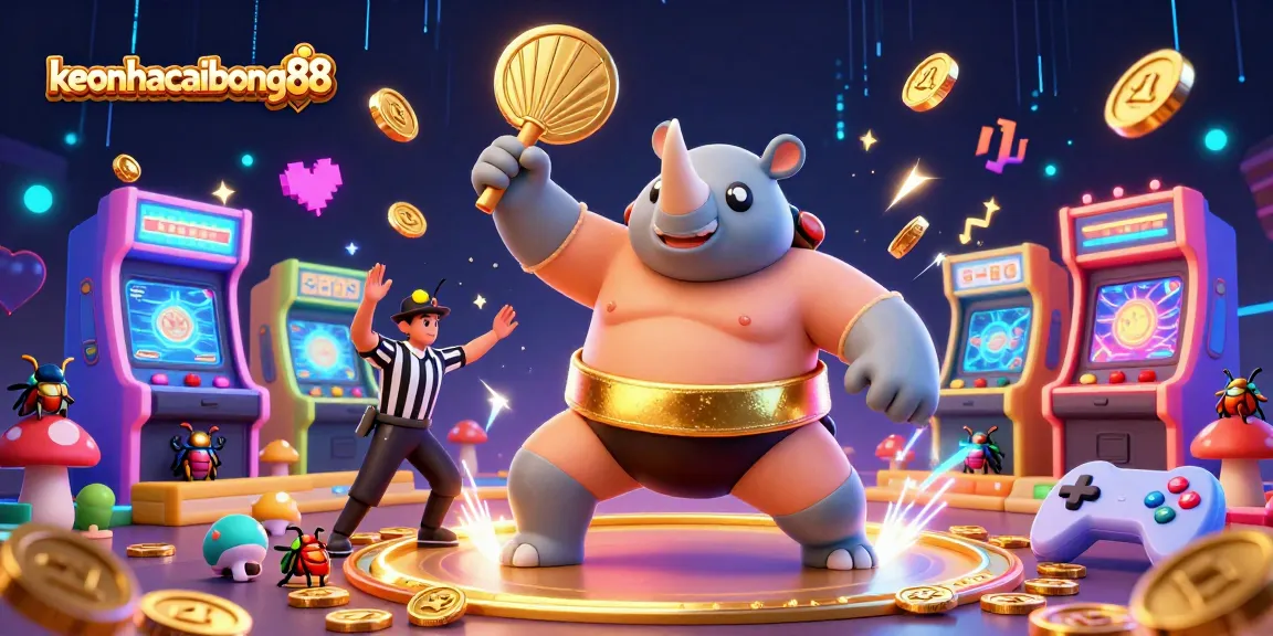 Bet on keonhacaibong88 where the sumo champion beetle triumphantly sends coins flying from a dynamic casino scene.