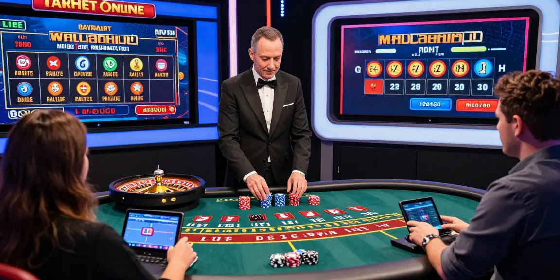 Mildcasino Live Taruhan Online featuring a professional dealer engaging players in a vibrant virtual baccarat game, showcasing the excitement of online live betting.