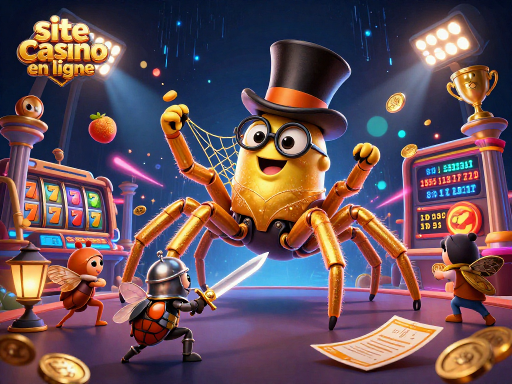 Illustration dynamique de tarentule dorée et chevalier scarabée sur un site casino en ligne