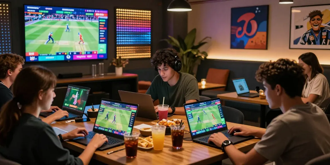Exciting Fairplay24 online betting scene with users engaged in live cricket betting, showcasing social interaction and vibrant sports graphics.