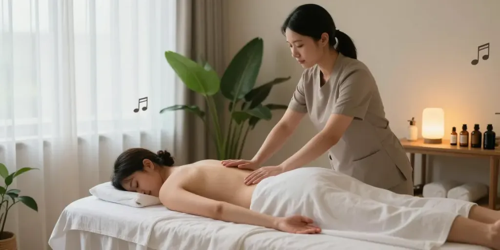 하남출장안마 service offered in a luxurious home setting featuring a relaxing massage scene.
