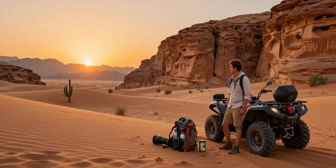 Traveler exploring slot canyons in the desert at sunset.
