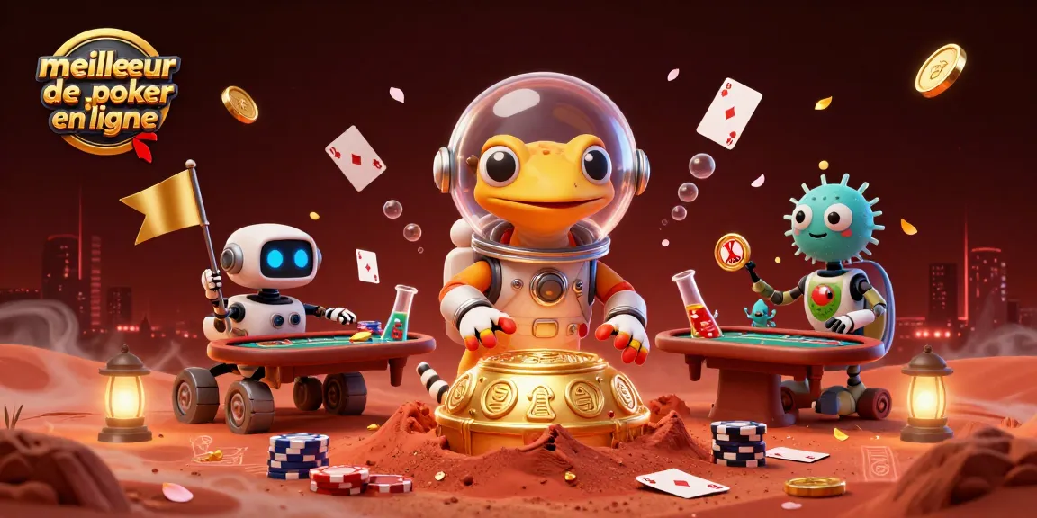 Découvrez le meilleur site de poker en ligne en jouant avec des cartes flottantes et des jetons d'or, illustré par un gecko martien.