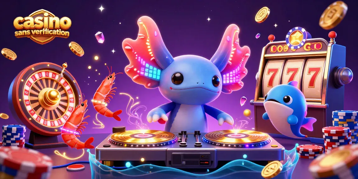 Jouez au casino sans vérification avec notre illustration captivante d'un DJ axolotl festif et des jeux de casino animés.
