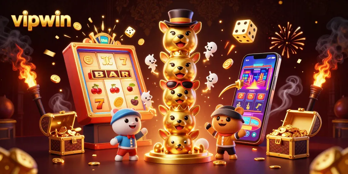 Experience the excitement of vipwin with a dynamic casino-themed 3D illustration showcasing vibrant games.