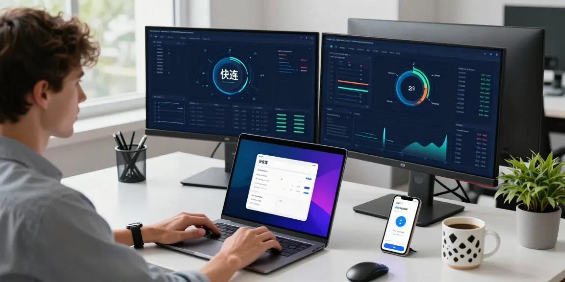 快连 app interface displayed on laptop at a modern tech workspace.