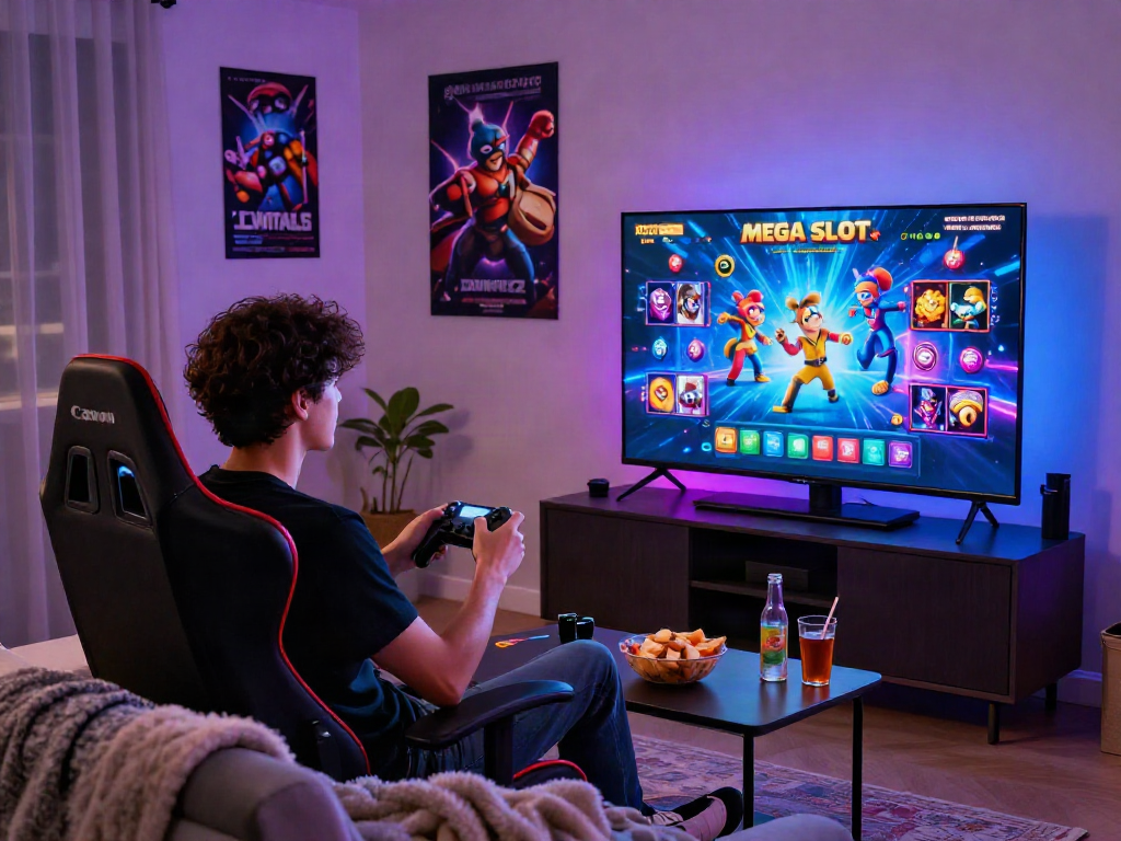 Immersive gaming experience with MEGA SLOT on a big screen in a cozy living room.