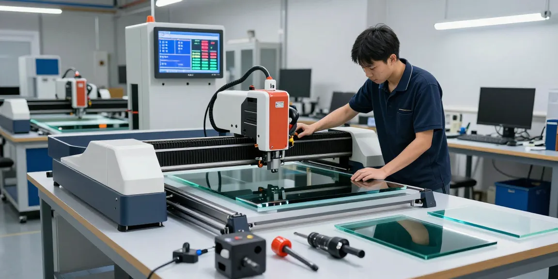 Technician using a glass cutting machine in a modern workshop with advanced automation.