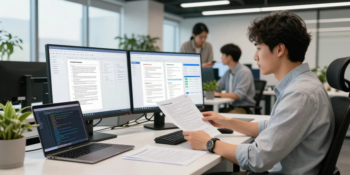 Document fraud detection software demo in modern tech workspace with analytics dashboard and document samples.