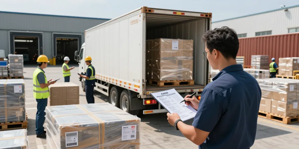 Komplettladungstransport von Dortmund mit LKW und Logistikpersonal in einem aktiven Transportzentrum.