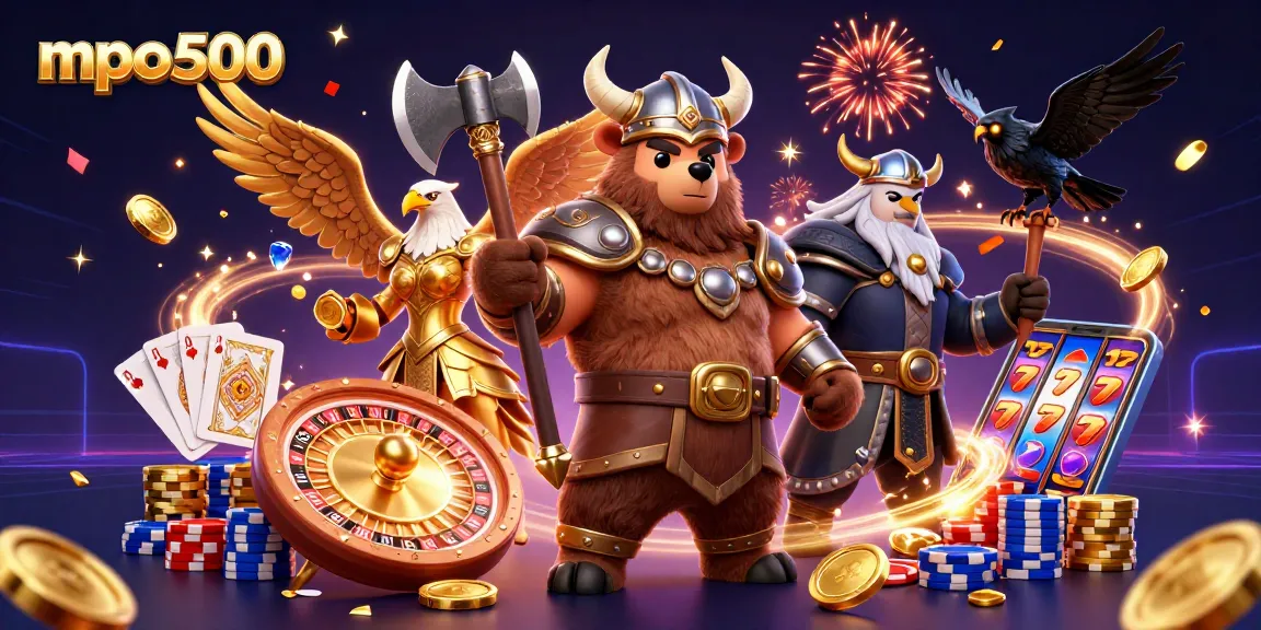 Spin the reels of mpo500 with a Viking bear, Valkyrie eagle, and Odin's ravens in a rich casino scene.