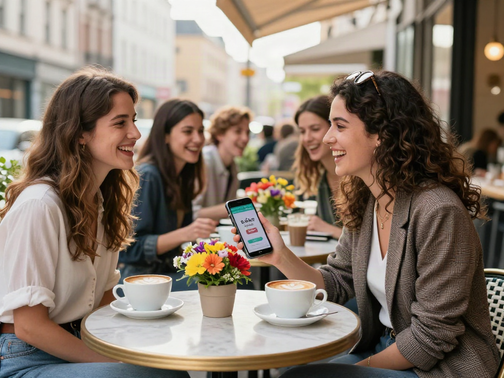 Youthful group enjoying coffee while exploring how old do I look with a smartphone app in an urban cafe.