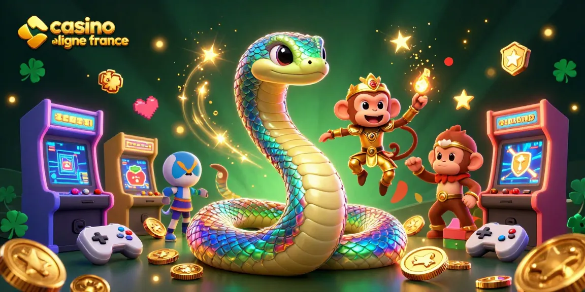Jouez dans un univers vibrant de casino en ligne France avec un serpent arc-en-ciel et un roi singe éclatant.