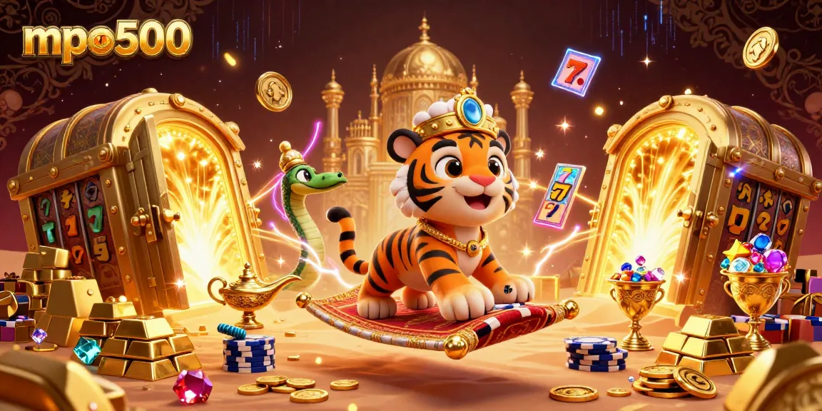 Experience the thrill of mpo500 with a magical casino scene featuring vibrant characters and treasures.