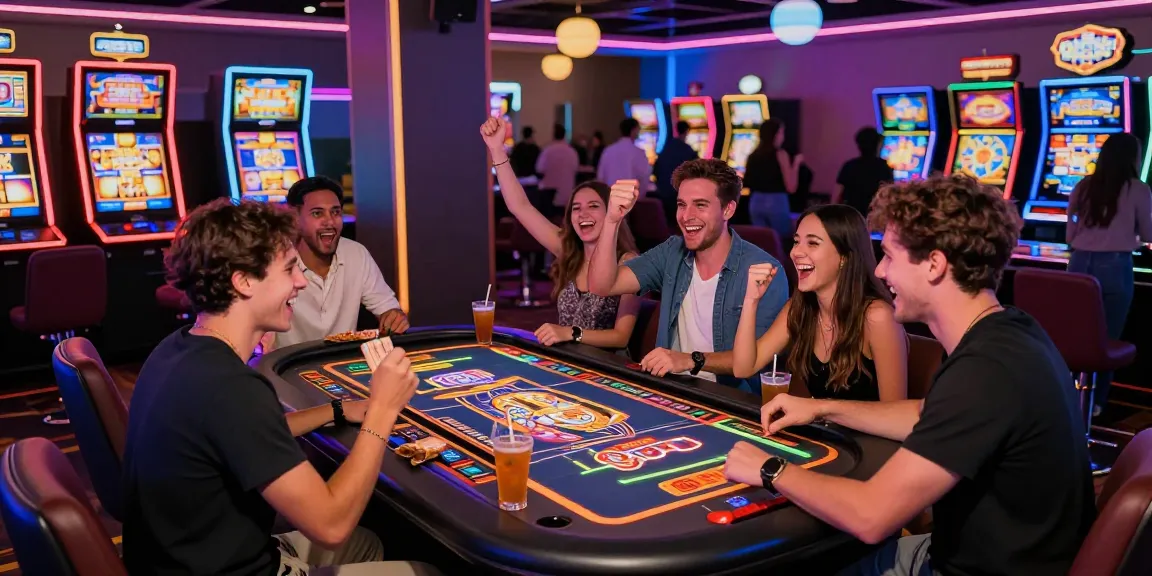 Friends enjoying สล็อตรับโปรโมชั่น while playing at a lively casino, celebrating winnings.