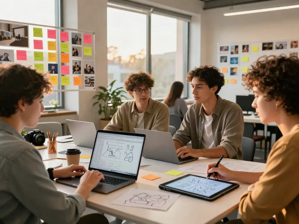 Typeshutter creative professionals collaborating on AI-generated images in a vibrant workspace.