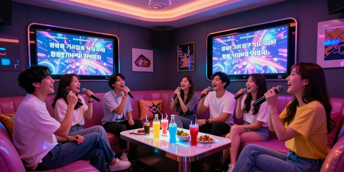 Friends enjoying a fun night at 강남가라오케, singing and laughing in a colorful karaoke room.