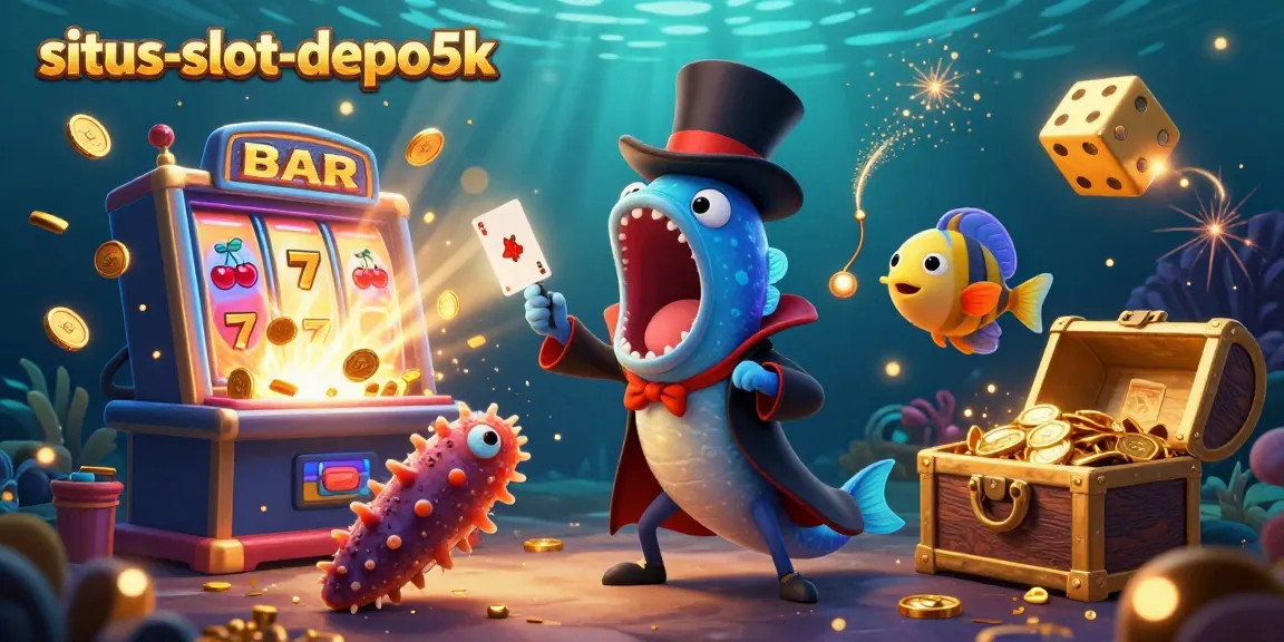 Experience the thrill of winning at situs-slot-depo5k with a lively 3D deep-sea casino scene and jackpot excitement.