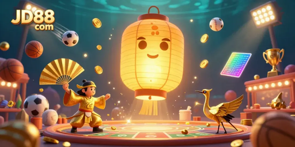 Experience the vibrant world of JD88 com with a dazzling casino scene featuring dynamic elements and golden lantern spirit.