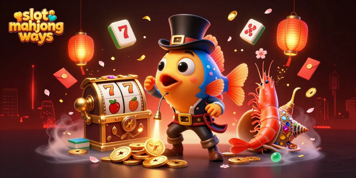 Play slot mahjong ways with excitement as anglerfish and shrimp share a treasure-filled scene.