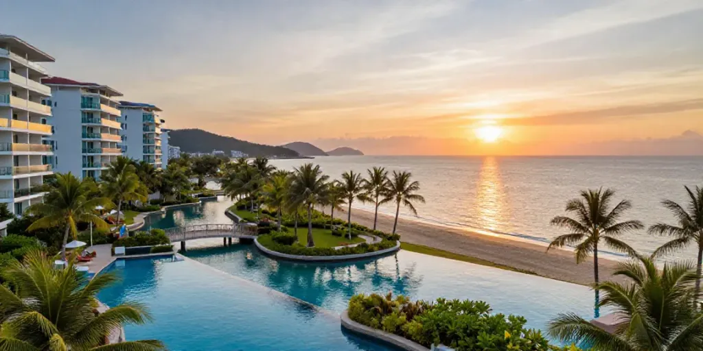 Stunning view of bang tao beach residences phuket at sunset, a tropical paradise for vacations.