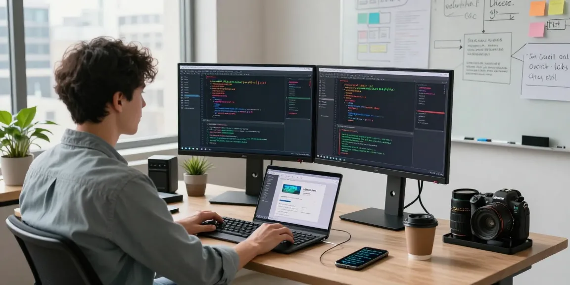 Developer coding LLG link indexing at modern workspace with dual monitors and innovative tech.