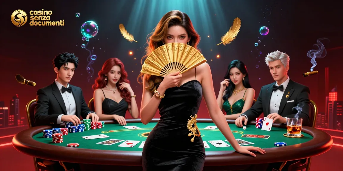 Vivi l'emozione del casino senza documenti con una scena di poker sorprendente che presenta un affascinante croupier asiatico e pile di fiches vivaci.