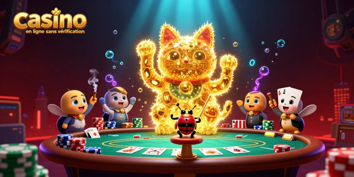 Expérimentez le casino en ligne sans vérification avec des feux follets en forme de chat chanceux entouré de jetons de poker colorés.