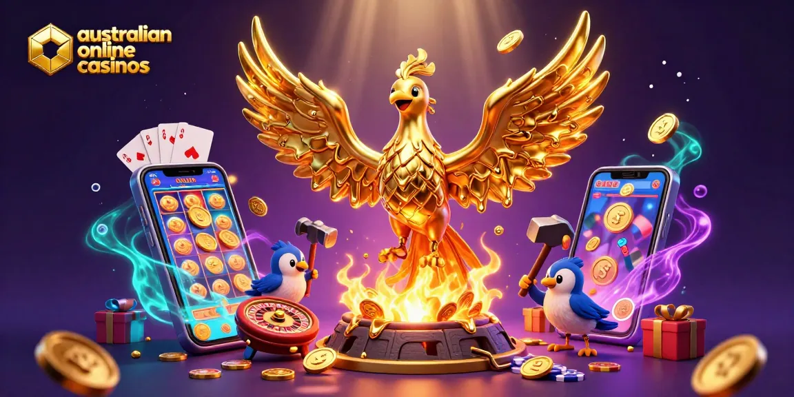 Experience the thrill of australian online casinos with a vibrant 3D phoenix and slot game elements.