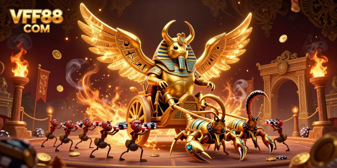 Experience the excitement at VFF88 COM with a dynamic casino-themed illustration featuring a golden beetle chariot.